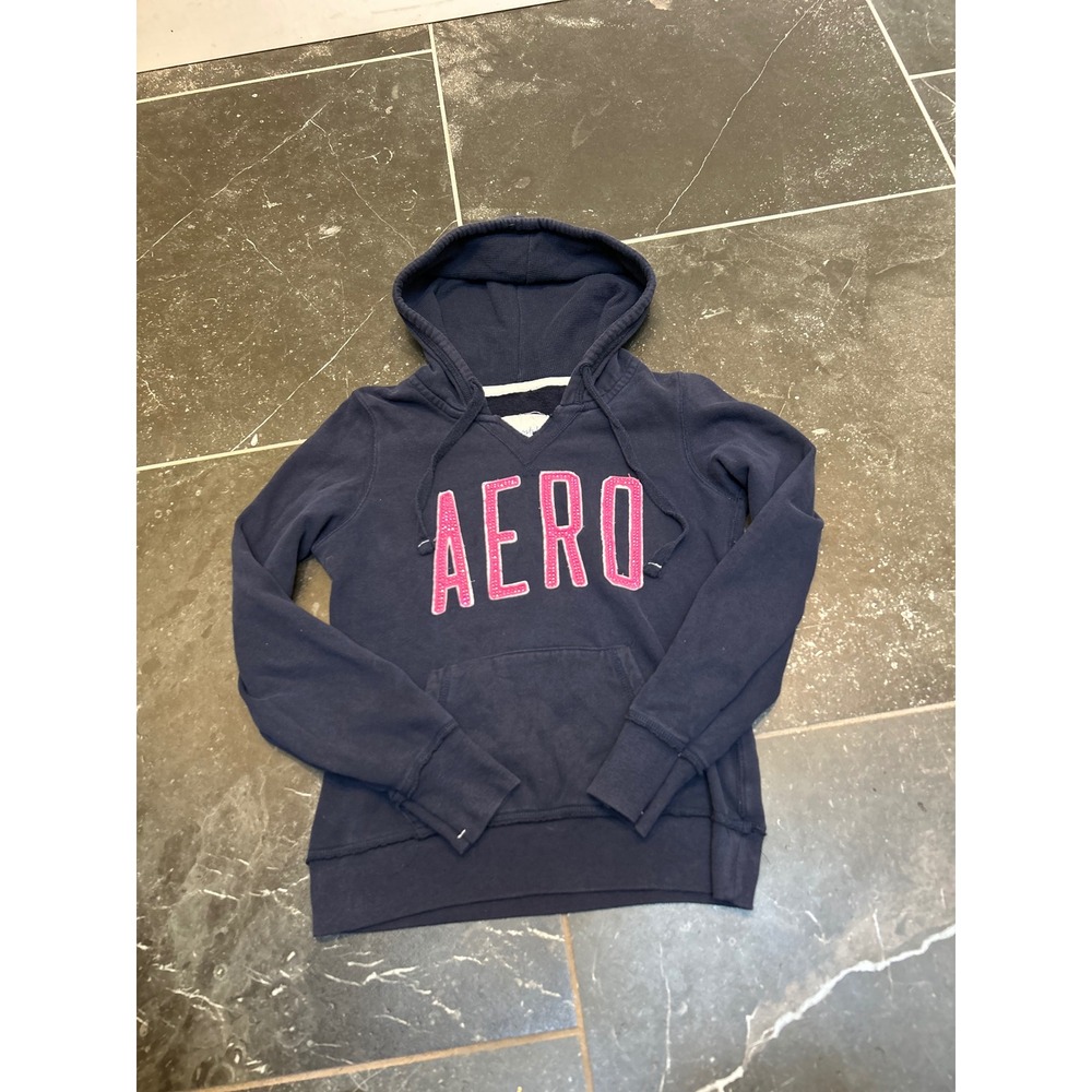 Aeropostale Navy Blue Pullover Hoodie Pink Rhinestone Aero Logo Size M Y2K Sweat
